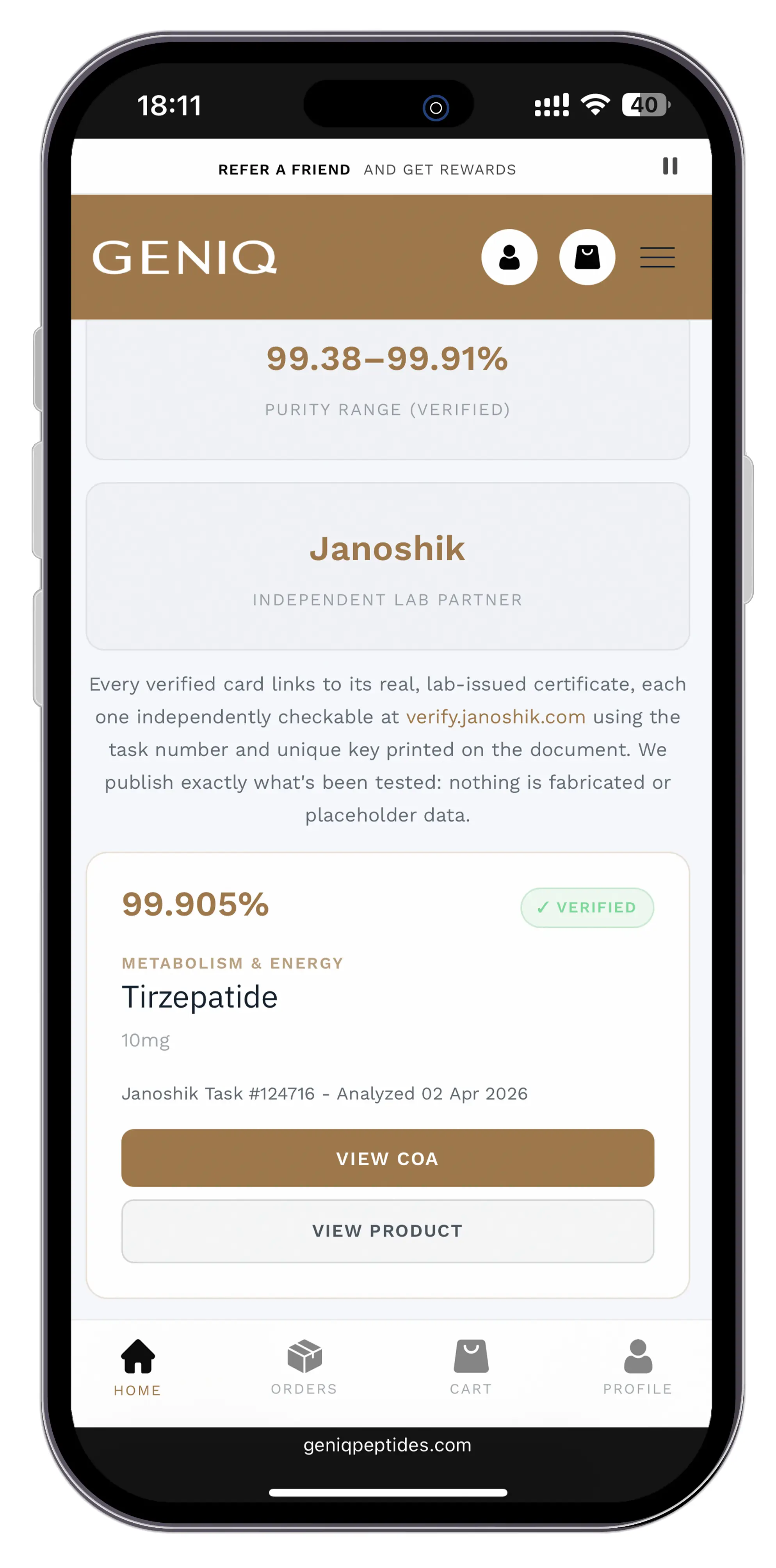 GENIQ website's Certificates of Analysis page shown on an iPhone, displaying a verified purity result and batch certificate