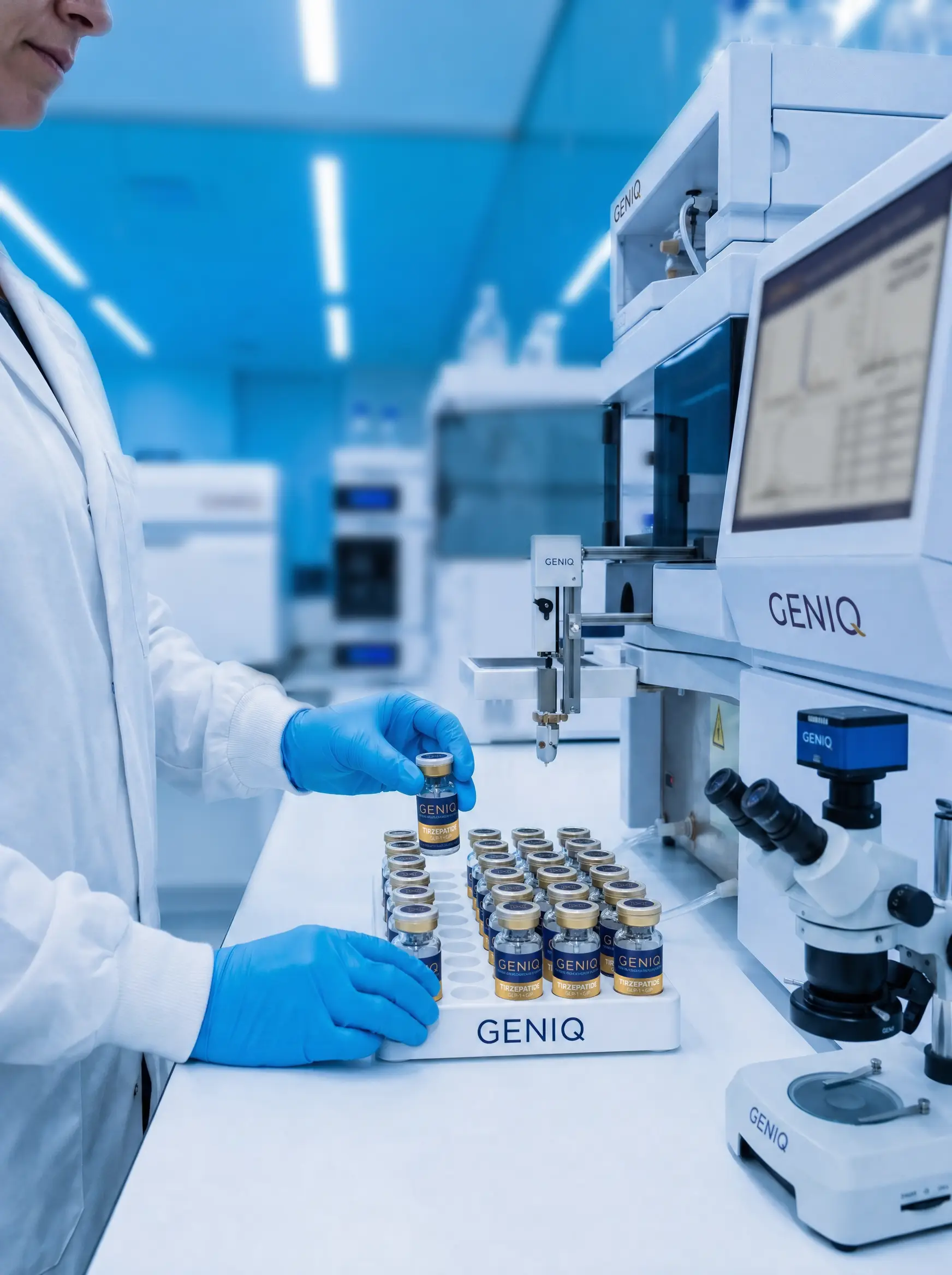 GENIQ Peptides lab technician performing analytical testing on GENIQ compounds