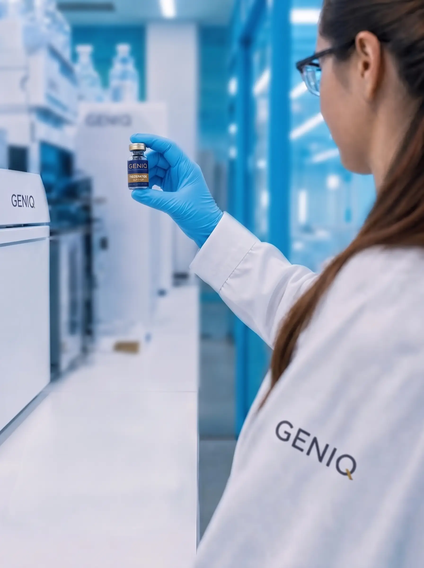 GENIQ Peptides researcher inspecting a GENIQ compound vial