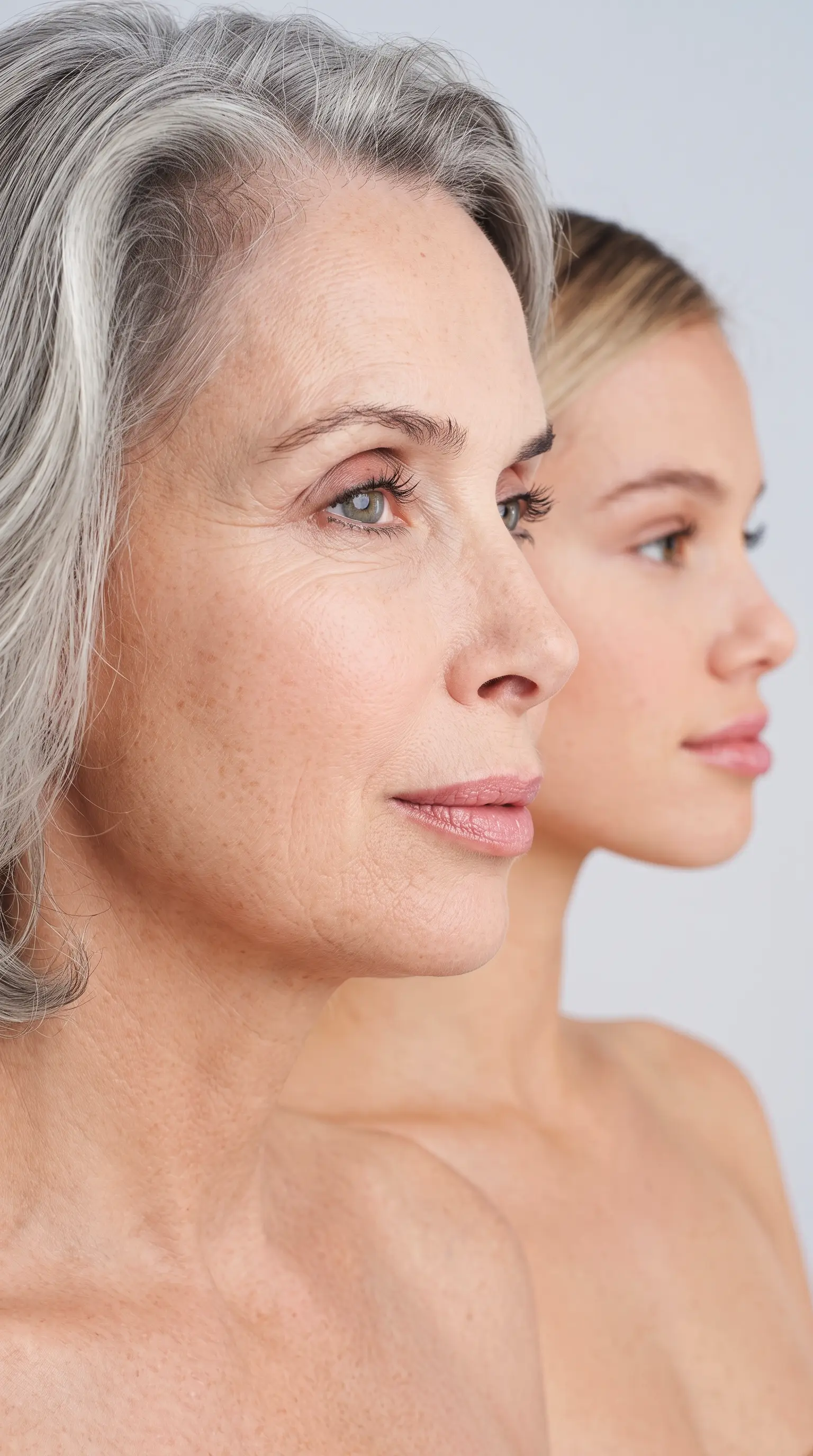 Two women in profile, representing the generations GENIQ's longevity research serves